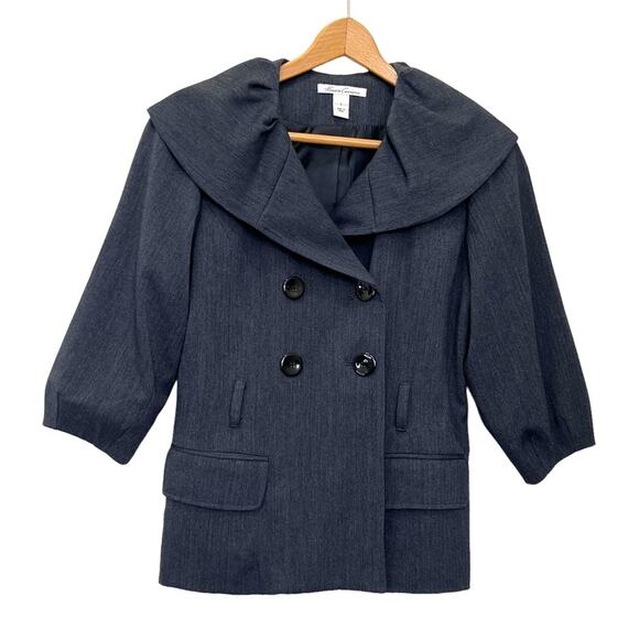Kenneth Cole New York Pea Coat Sz 2 Women’s Wide Collar Gathered 3/4 Sleeve Gray - Picture 1 of 11
